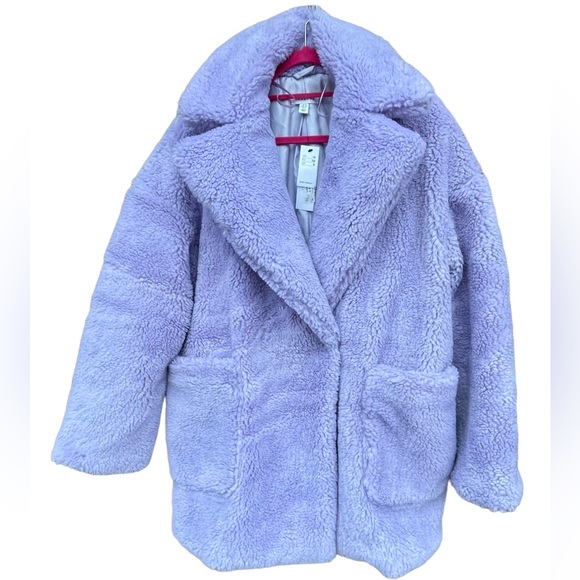 NWT - Topshop teddy midi coat with patch pockets in purple. Size 4 only. - Picture 6 of 8